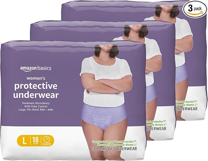 Amazon Basics Incontinence & Postpartum Underwear for Women with Bladder Leak Protection, Disposable, Maximum Absorbency, Lavender, Large 54 Pack
