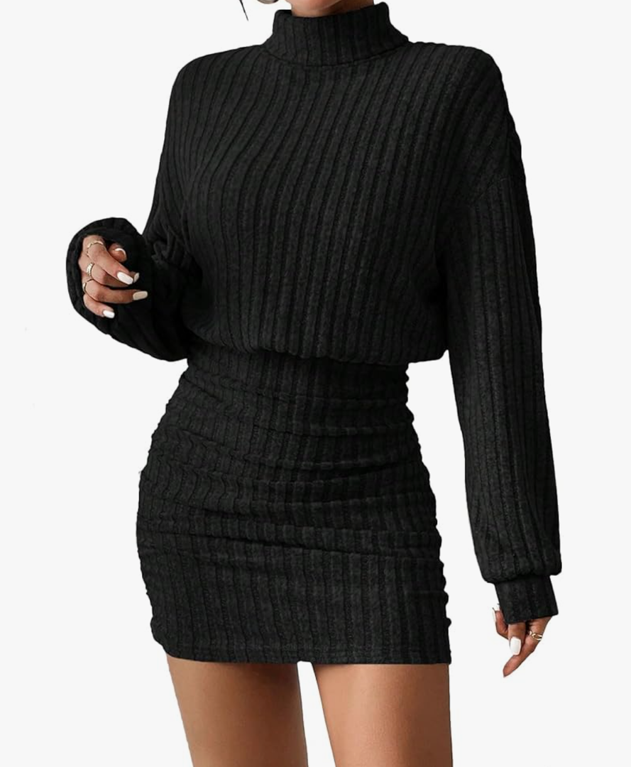 Women's Pullover Sweater Dress Long Lantern Sleeve Turtle Neck Cute Ribbed Knit Bodycon Mini Short Dress 2024 Fal, M