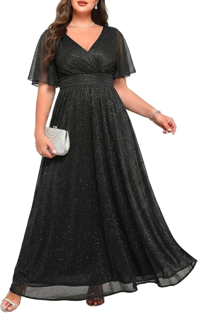 Talisea Plus Size Formal Dresses - V Neck Flutter Sleeve Glitter Prom Evening Gowns Wedding Guest Chiffon Long Maxi Dress , 18Plus