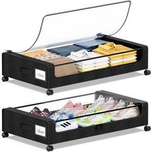 Under Bed Storage with Wheels, 2 Pack Under Bed Storage Containers with Clear Lids & Zippers, Under Bed Shoe Storage Organizer, Rolling Underbed Storage for Clothes, Shoes, Blankets (Black)