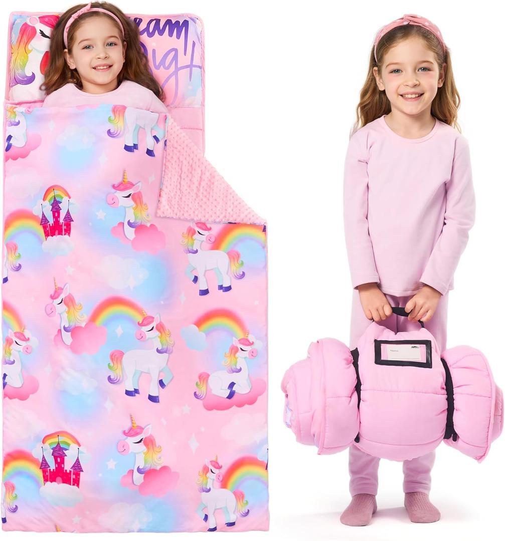 JOIEDOMI Toddler Sleeping Bag for Kids 55''x30'' Nap Mat with Removable Pillow and Minky Blanket for Toddler Ages 3-7 Roll Up Soft Kids Sleeping Bag for Boys Girls Kindergarten Daycare Sleepover (Pink Unicorn)