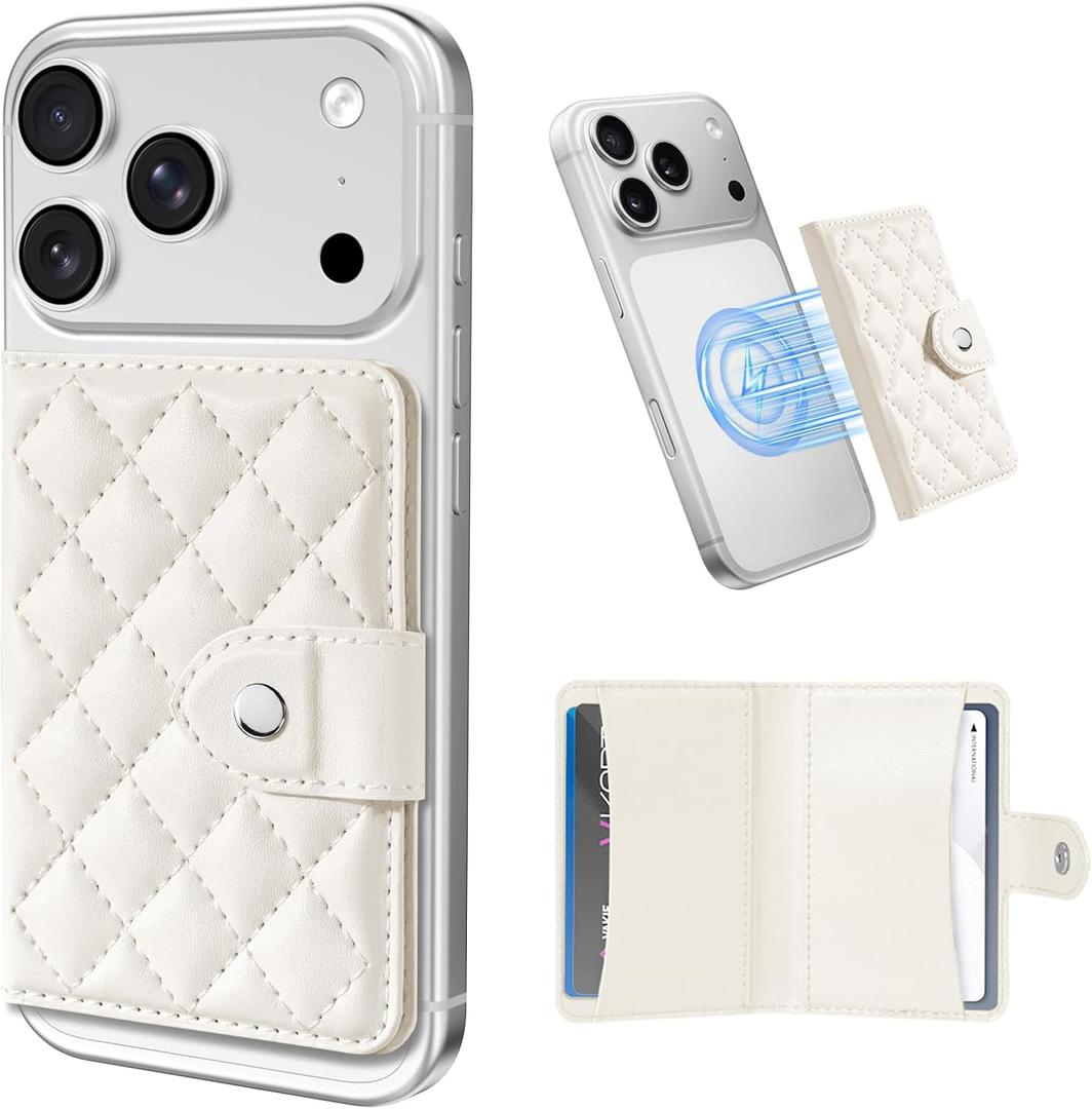 Dadanism Compatible with Magsafe Wallet Magnetic 4-Card Holder, Magnetic Wallet for iPhone, RFID Blocking, Diamond Quilting Leather, Slim for iPhone 17/16/15/14/13/12 Series, Not for 13/12 Mini, White