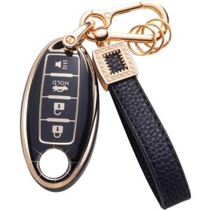 for Nissan Key Fob Cover with Leather Lanyard, Car Key Fob Case Compatible with Nissan Altima Maxima Rogue Armada Sentra 370z Pathfinder Murano Smart Key Protector Holder