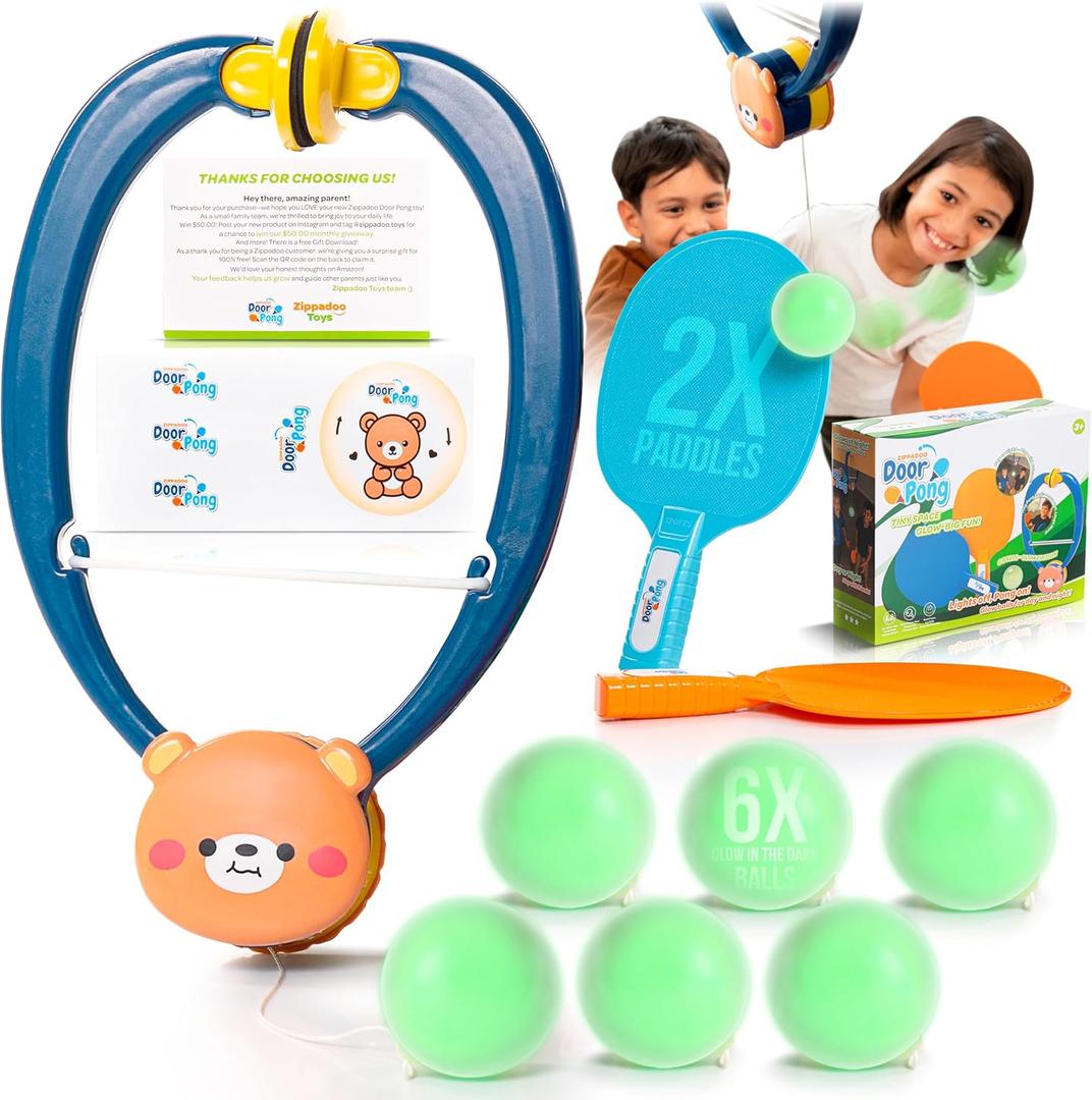 Glow-in-The-Dark Door Pong Ping Pong Trainer with 6 Rechargeable Balls - Door Frame Hanging Table Tennis Set, Indoor Outdoor Fun Ages 3+
