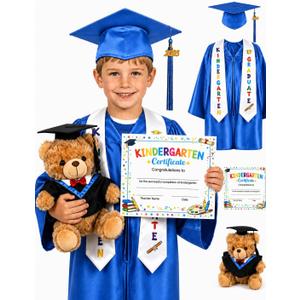 PJT Kindergarten Graduation Cap and Gown Set 2026, Preschool Graduation Outfit for Kids with Stole, Tassel, Bear,Certificate
