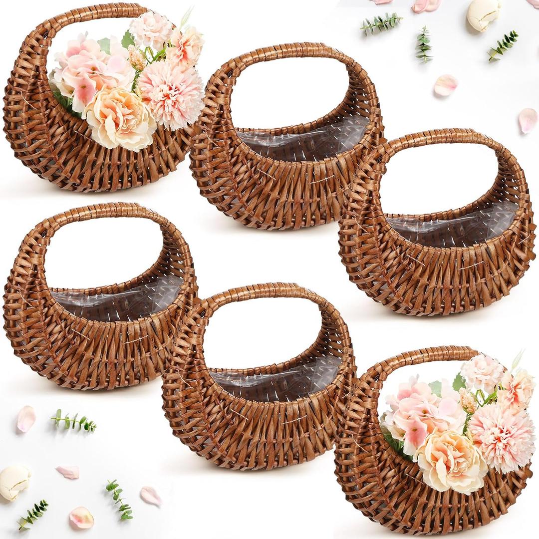 Hushee 6 Pcs Small Flower Girl Basket Small Wicker Basket with Handle and Waterproof Lining 6.7 x 6.5 x 4.3 Inch Rattan Tiny Easter Baskets for Wedding Flowers Sweets Gifts Picnic Storage Home Decor