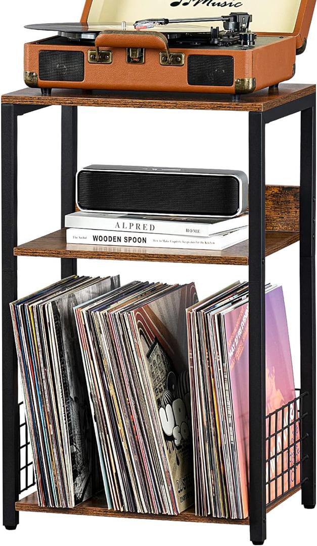 LELELINKY 3 Tier End Table, Record Player Stand with Storage Up to 100 Albums, Turntable Stand for Vinyl, Brown Records Shelf for Living Room Bedroom