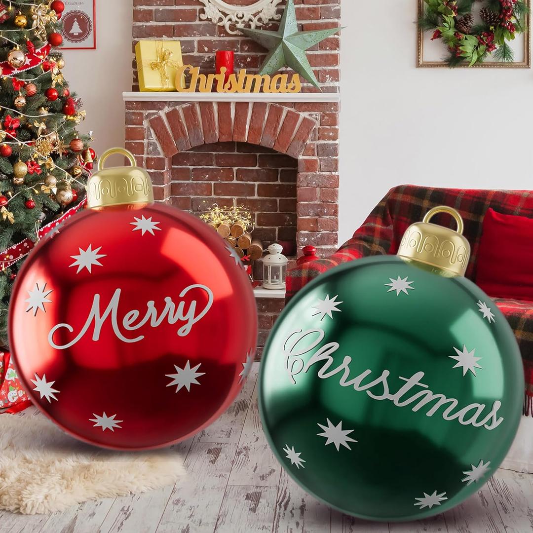 2Pcs 24 Inch PVC Inflatable Christmas Balls Xmas Giant Inflatable Ornaments Balls, Outdoor Inflatables Christmas Ornaments Ball Xmas Hangable Blow up Ball for Indoor Yard Porch(Classic Style, 2Pcs)