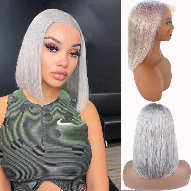 Belaved Bob Wig Human Hair Grey 13x4 HD Lace Front Middle Part Glueless Grey Silver Short Lace Frontal Bob Wig for Women Blunt Cut Bob Wig Plucked with Baby Hair Natural Hairline 14 Inch