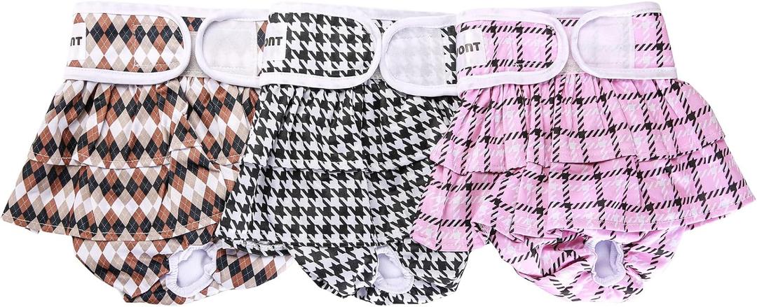 Avont 3 Pack Washable Female Dog Diapers, Reusable Period Diapers Cover for Girl Doggies Heat Cycle, Incontinence -Pink/Black/Brown Plaid(M)