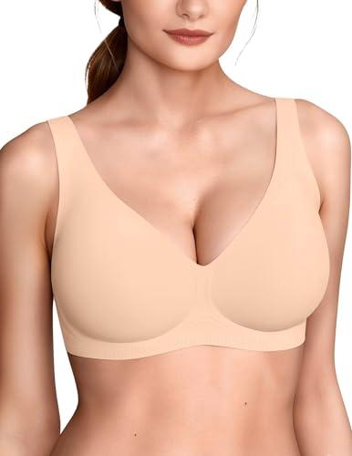 Vertvie 2026 Womens Wireless Jelly Bras Push Up Cup-Engineered Support Deep V Lift Bra Seamless No Underwire T-Shirt Bralette(Sand,40C)