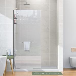 Sunrosa Frameless Glass Shower Panel 34"74", Fixed Shower Glass Panel with Shelves in Matte Black, 3/8" Tempered Glass Shower Screen for Walk in Shower