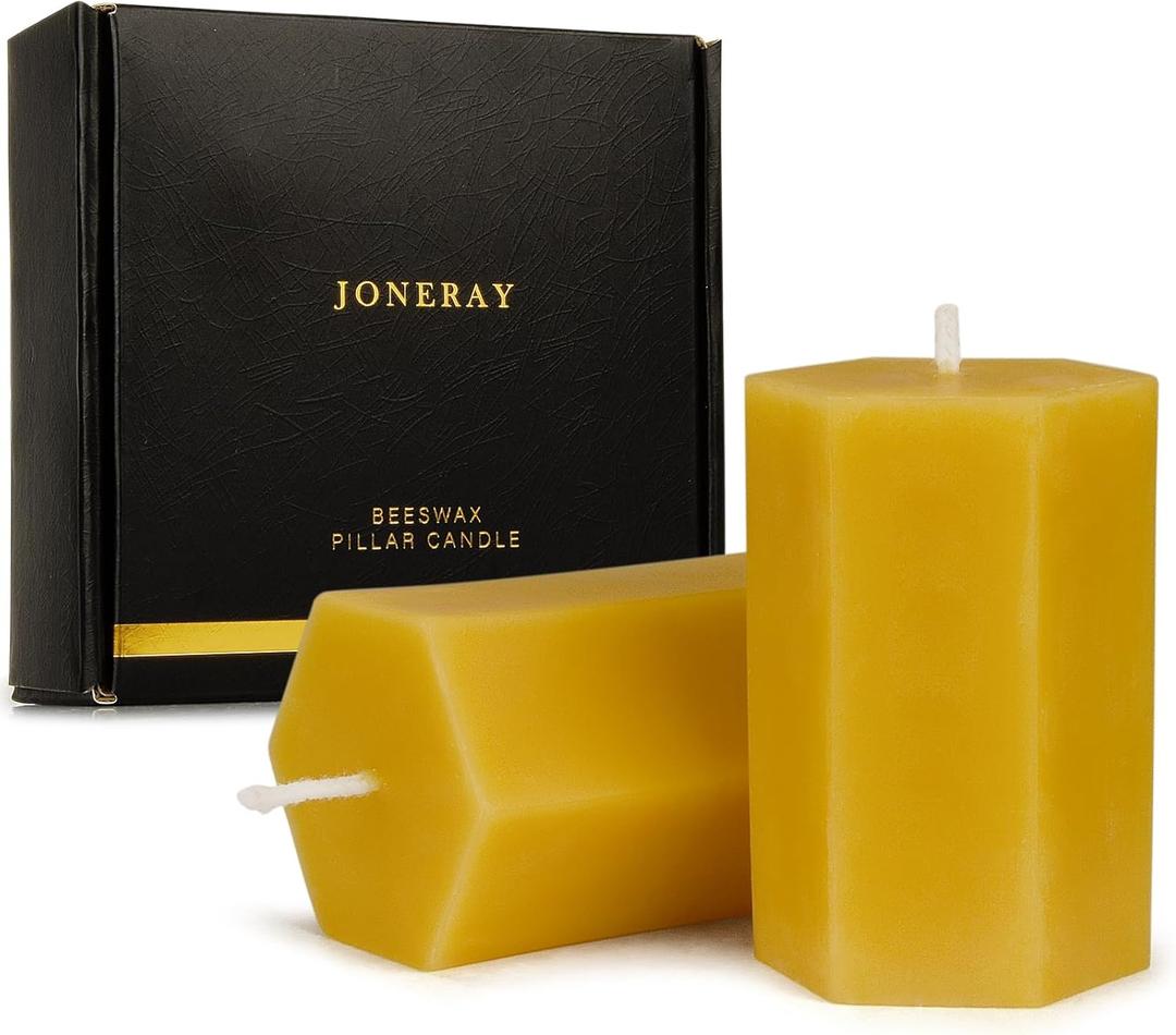 Natural Beeswax Pillar Candles 2x3Inch,Hand Poured Pure Beeswax Candles- Hexagon,Unscented Candle for Home Deco, Birthday Gift(Pack of 2) (Yellow)