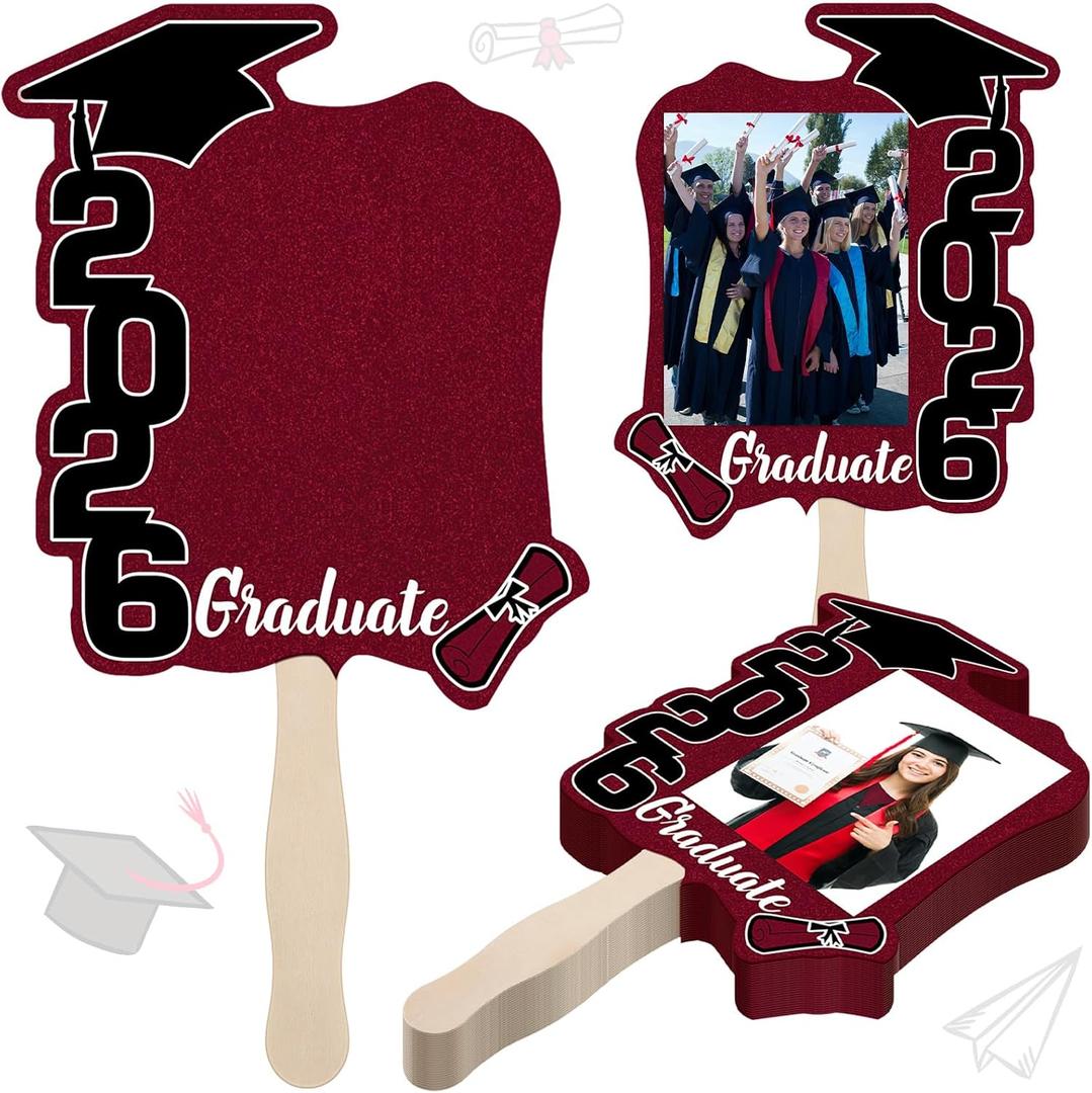 Gilprop 24 Pcs Graduation Cutout Face Fans with Handle Double Sided Personalized Grad Party Supplies Class of 2026 Grad Photo Props Blank DIY Photo Frame Graduation Party Souvenirs, Brown, Classic