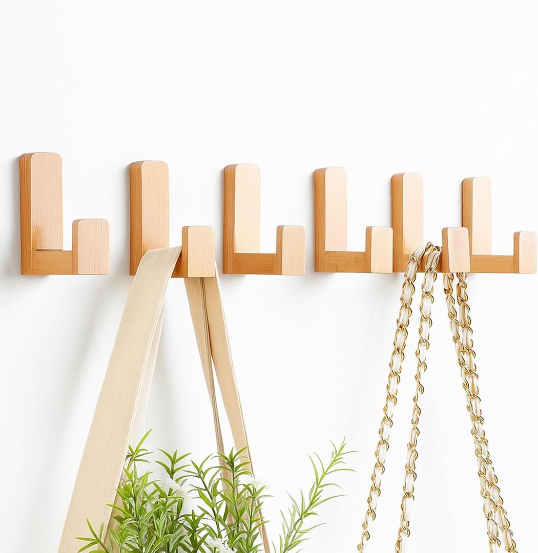 Teenyyou 6 Pack Cute Kids Coat Wall Hooks Wooden Adhesive Decorative Colorful Wall Mounted Hangers Backpack Hooks for Hanging Keys Towel Clothes Bathroom Organization(Wood Color)