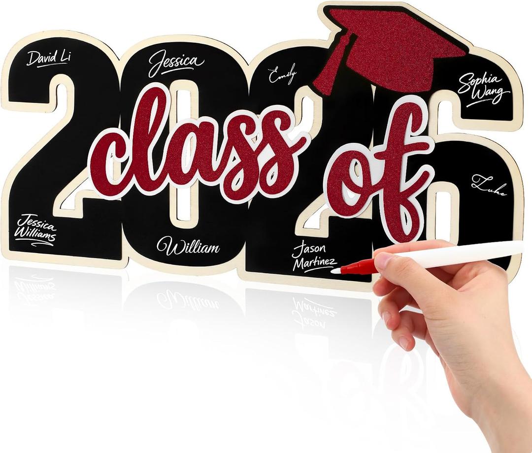 Qunclay Class of 2026 Wood Signs Graduation Party Decorations 2026 Congrats Grad Sign Wooden Signature Board with Pen Graduation Photo Booth Prop for High School College Grad Party Supplies(Dark Red)