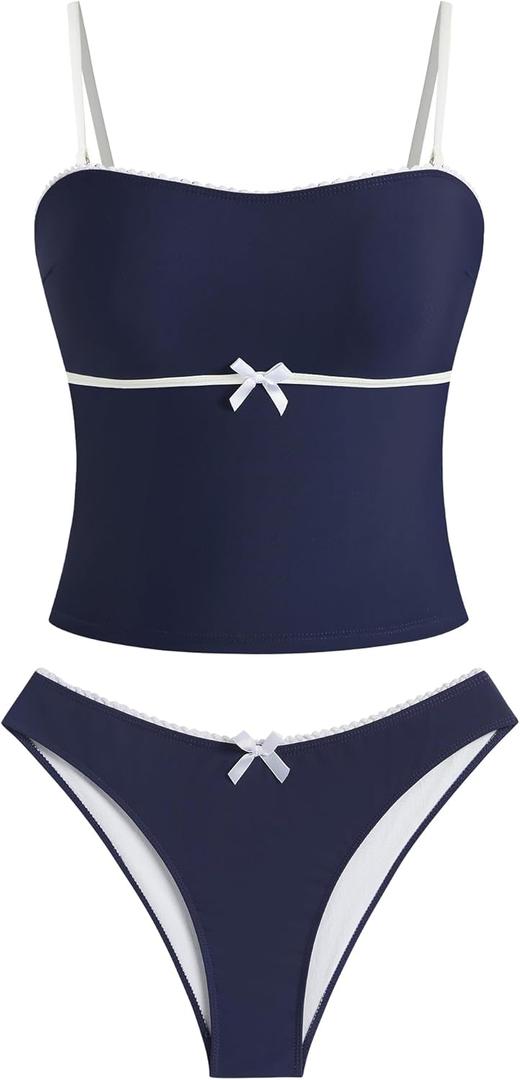 ZAFUL Tankini Swimsuits for Women Bow Tie Side Bathing Suits Tummy Control High Cut Two Piece Bikini Sets (X-Large, 1-navy Blue)