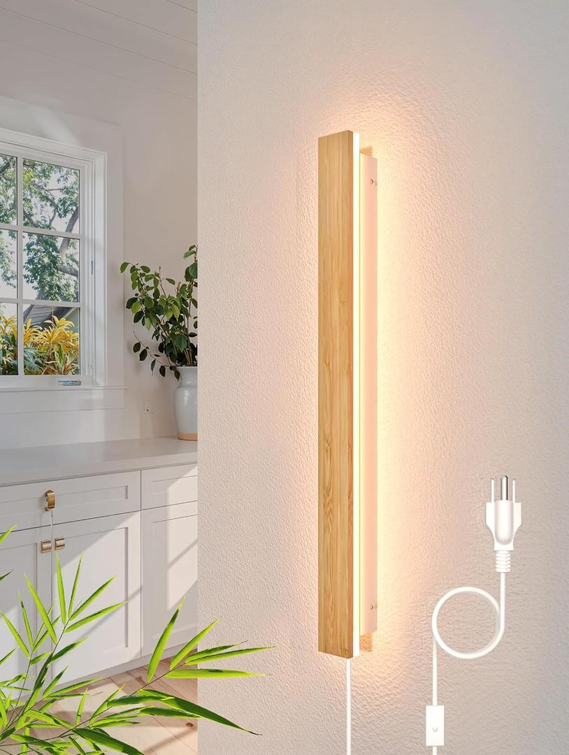 Modern Plug in Long Wall Sconce 23.6 LED Bamboo Wall Lights 18W Long Strip Indoor Wall Lamp 3000K with 6.5FT Plug in Cord and On/Off Switch on The Cord for Living Room Hallway Stairwell (Wood)