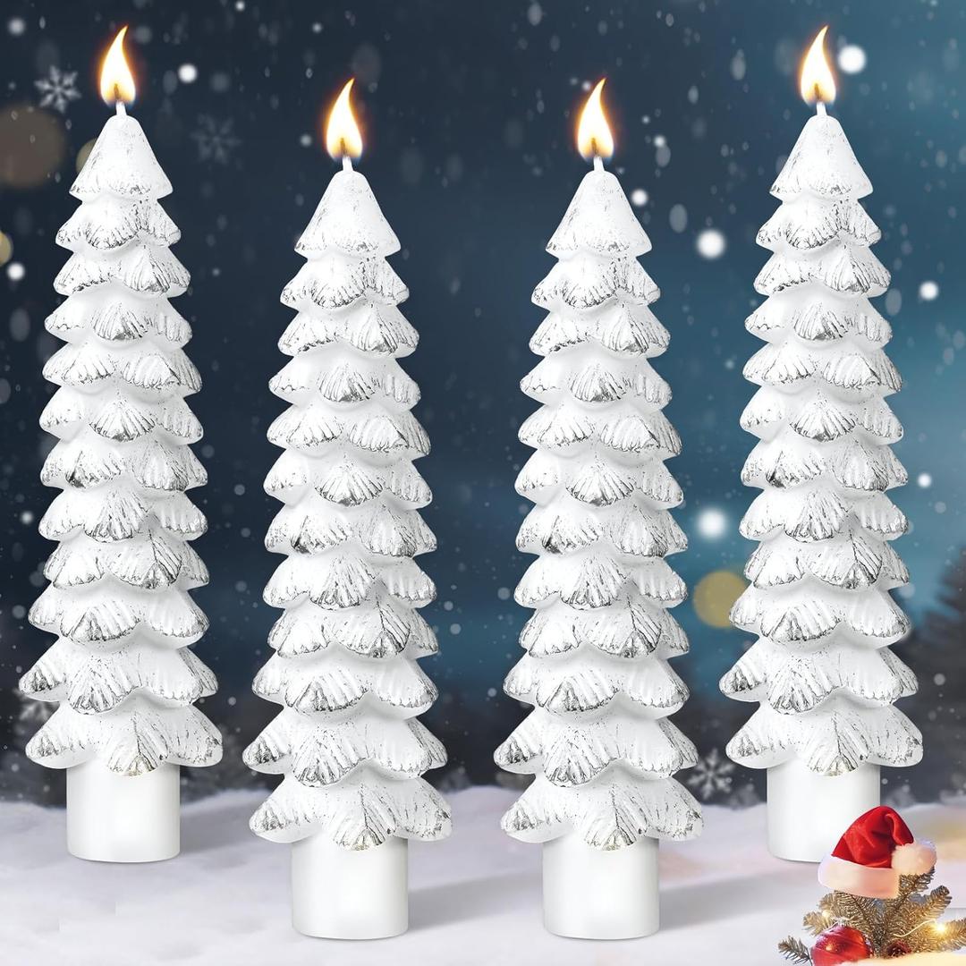 Ceoighe 4 Pack Christmas Tree Candles, 5 Inch Pure Beeswax Christmas Tree Shaped Taper Candles for Xmas Holiday Decor, Advent Party Banquet Centerpiece Decoration (White with Silver Trim)