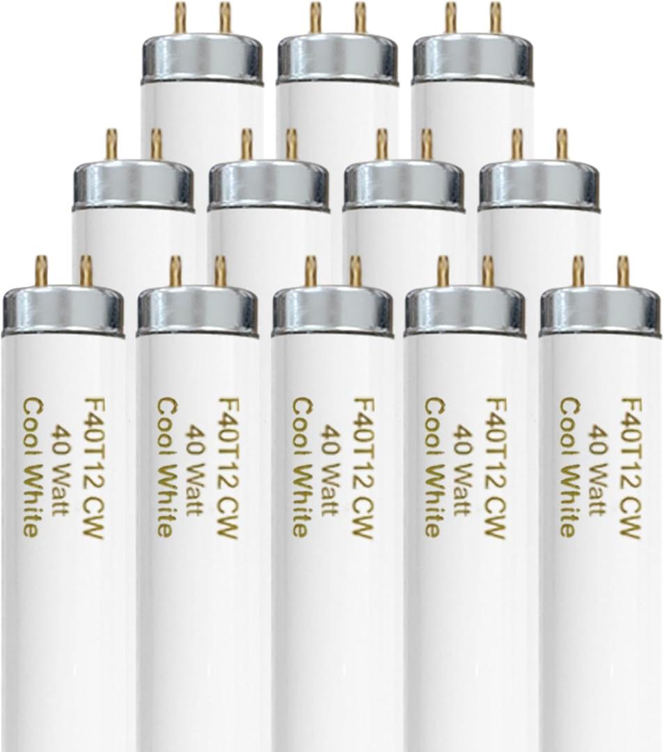 T12 48 Inches 40 Watt Fluorescent Tube, F40T12/841 Light Bulb, 4 Foot T12 Fluorescent Light Bulb, 4100K Cool White, F40T12/CW, 3250 Lumens, G13 Bi-Pin Base, 12 Pack