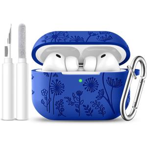 Lerobo for AirPods Pro 3 Case,Flower Engraved Silicone Protective Cover with Cleaner Kit & Keychain Compatible with Apple AirPods Pro 3rd Generation Case 2025 for Women and Men,Glaze Blue