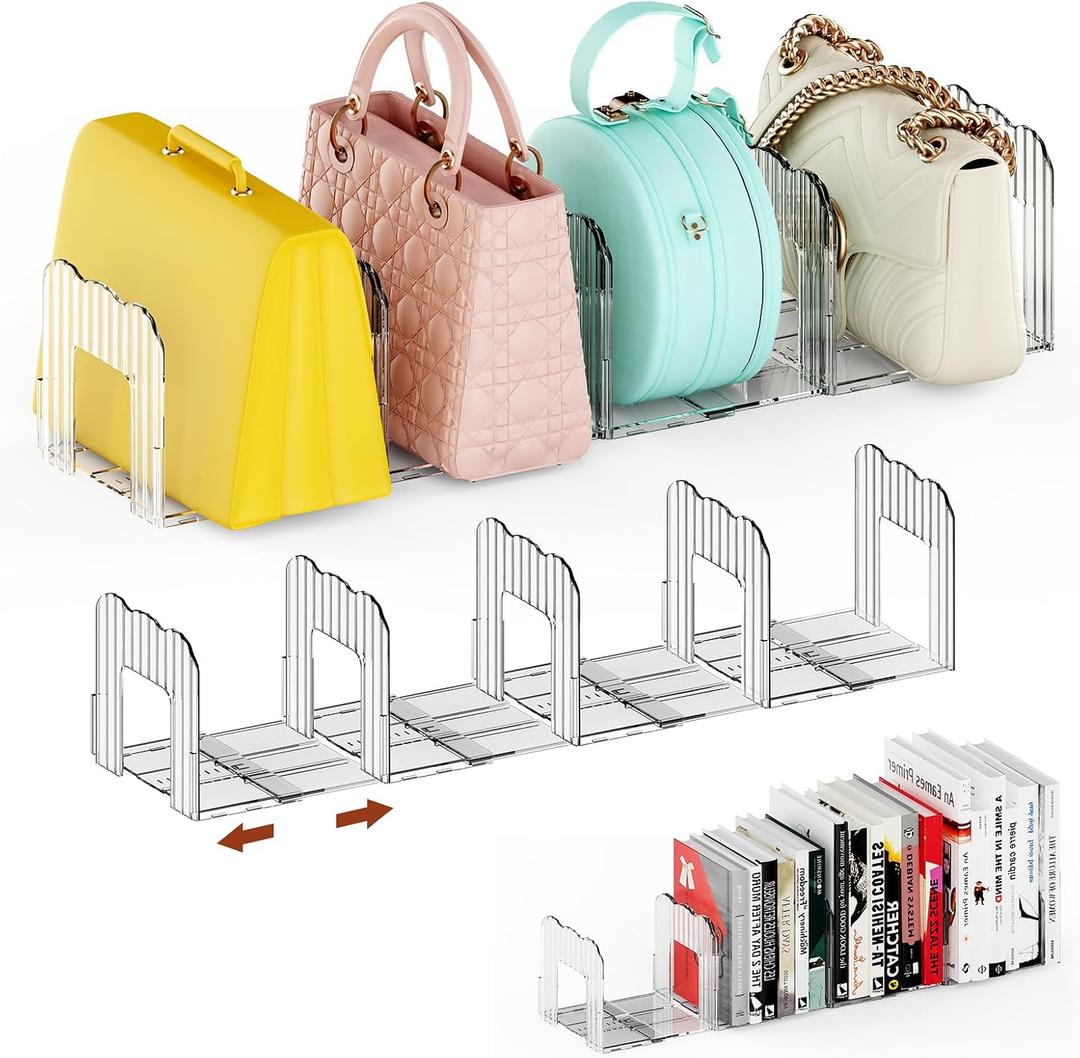 Clear Purse Organizer for Closet, Adjustable Purse Storage Handbag Storage Shelf Dividers, 2 Set Plastic Clutch Dividers for Closet Organizers Perfect for Purse Handbag Books