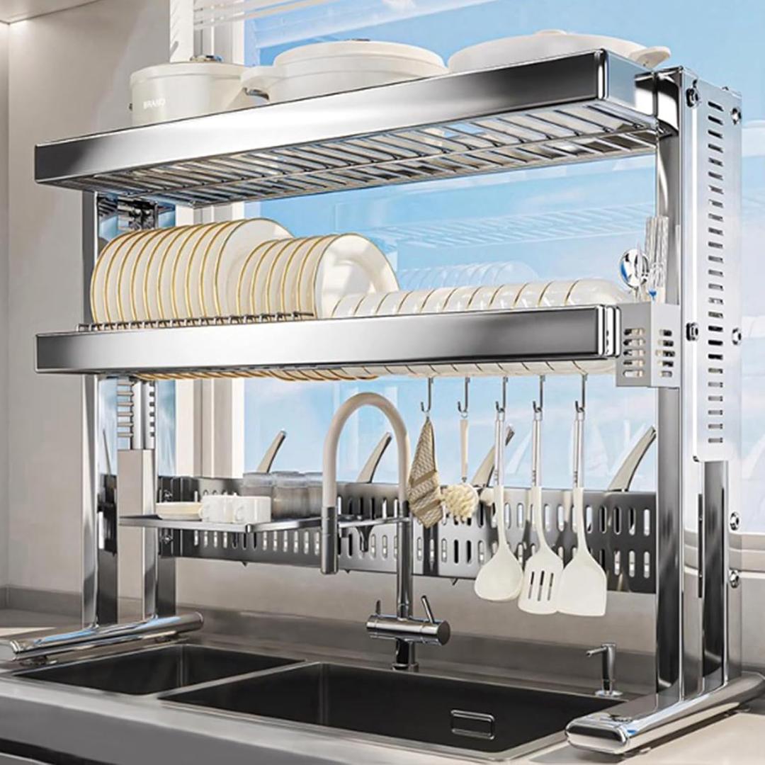 Large Over The Sink Dish Drainer Drying Rack2 Tier Large Capacity Stainless Steel Dish Drying Rack Over Sink, Multifunctional Kitchen Organizers and Storage Dish Rack 304 Silver, Double Layer)