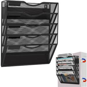 5-Tier Magnetic File Holder, No Drilling Installation File Cabinet Organizer, Black Magnetic File Organizer, Magazine Rack, Magnetic Paper Holder for Refrigerator, File Cabinets, Whiteboard