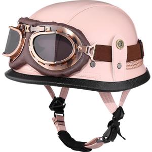 Motorcycle Half Helmet Retro German Handmade Leather Half Face Quick Release Buckle & Goggles - DOT Approved (Pink, L)