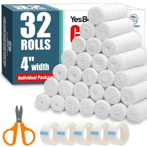32 Pack Gauze Rolls, 4 in x 4.1 Yards, Premium Gauze Wrap Roll for Wounds, Bandage Wrap Rolled Gauze, Mummy Wraps, Individually Wrapped (32P)