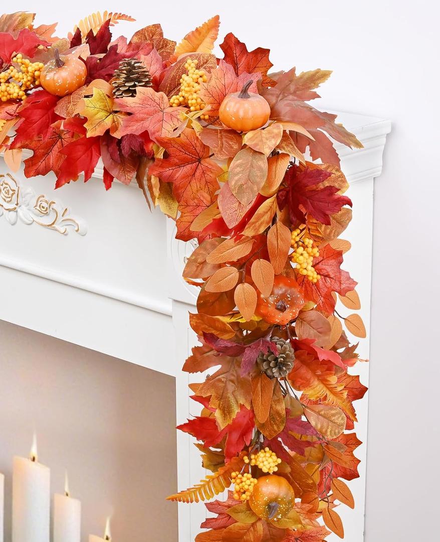 6FT Fall Leaves Garland for Mantle, Autumn Garland with Maple Leaves Pumpkins for Thanksgiving Fireplace Indoor Outdoor Fall Decor (1 Pack)