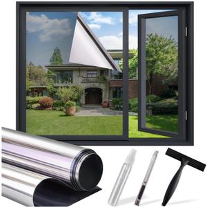 One Way Privacy Window Film - Reflective Window Tint for Home Heat Blocking & UV Protection, See Out Not in Mirror Daytime Privacy Static Clings for House & Glass Doors, 3 Tools, Silver(17.5"x78.7")