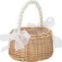 Wicker Rattan Handwoven Bamboo Basket with a Bow and Pearl Handle, for Weddings, Parties, and Home Decoration (6.3inch)