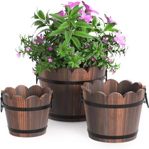 HakkaGirl Wooden Bucket Barrel Planters, Rustic Patio Planters Flower Pots for Plants Indoor Décor, Set of 3
