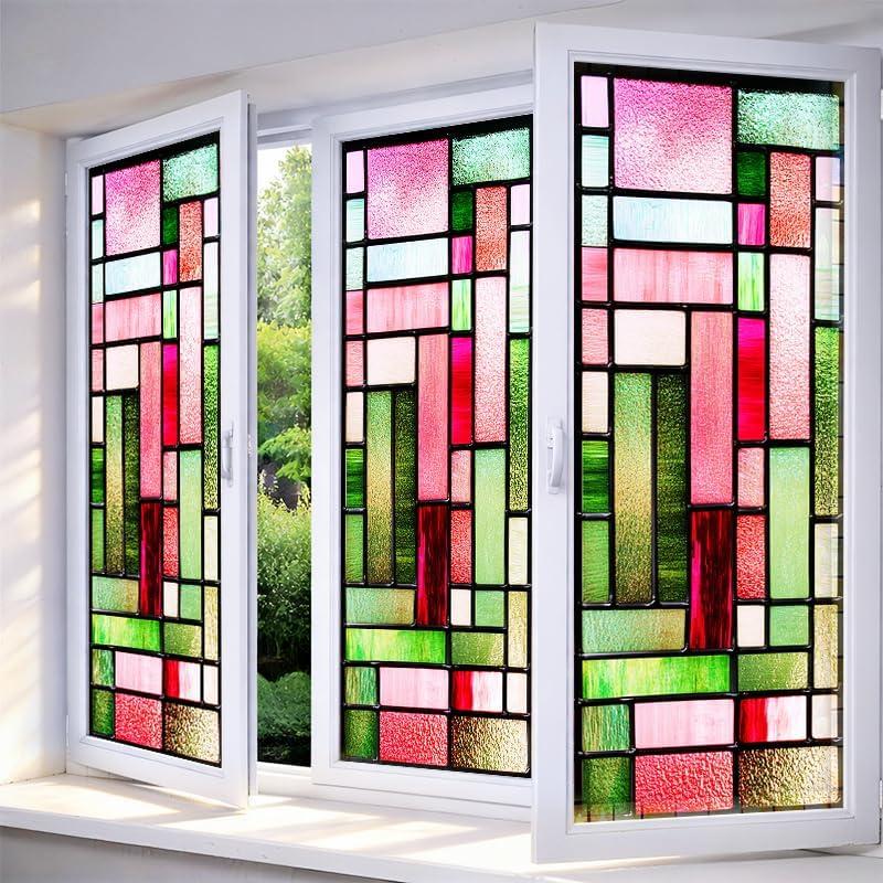 IVN Window Privacy Film Rainbow Mosaic Stained Glass Window Film Decorative Static Cling Non Adhesive Removable Reusable Window Cling for Bathroom Shower Windows Anti Glare UV Blocking 17.7x39.3 Inch (Colorful Rectangular Blocks)