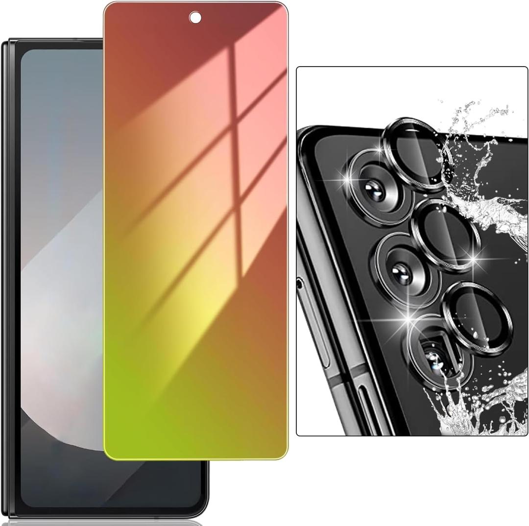CYCFAIML for Samsung Galaxy Z Fold 5 Screen Protector, Gradient Colorful Privacy Anti Blue Light Tempered Glass Front Screen Protector with Rear Metal Camera Lens Protector, Bubble Free Anti Scratch
