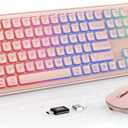 Wireless Keyboard and Mouse Combo, RGB Backlit, Rechargeable & Light Up Letters, Full-Size, Soft Typing, Sleep Mode, 2.4GHz Quiet Keyboard Set for Mac, Windows, Laptop, PC, Trueque (Pink)
