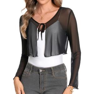 Women's Mesh Shrug Tie Front Cropped Bolero Cardigan Long Sleeve Top Sheer Shawl for Evening Dress (Black,S)