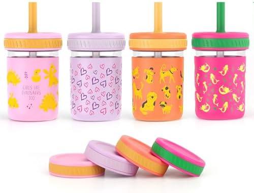 Sursip Toddler Glass Cups with Straw, Spill-Proof Kids Mason Jar Food Storage with Lids, Sippy Cups for Drinks, Smoothies, Snacks, Milk Cup [4 Pack] 8 oz 2-in-1
