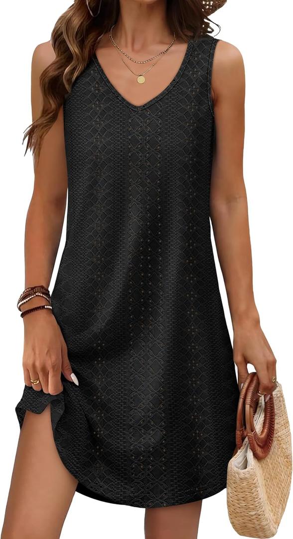 Aokosor Womens Summer Dresses 2026 Loose V Neck Sleeveless Dress Sundresses Swimsuit Coverup Vacation Outfits (Large, Eyelet Black)