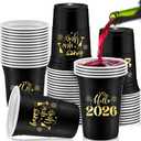 Mifoci 100 Pack Happy New Year Disposable Thick Cups 16oz Happy New Year 2026 Holiday Cups Decorations for Festive Party Favors Eve Party Supplies, Gold and Black