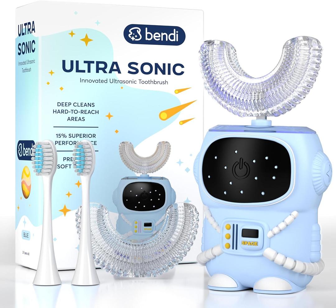 Bendi Kids U-Shaped Electric Toothbrush Ages 2-7  360 Mouthguard Design with Memory, 5 Brushing Modes & Multiple Heads Soft Silicone Auto Toothbrush for Toddlers & Children  Travel-Friendly (Blue)