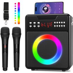 Karaoke Machine for Adults & Kids, Portable Karaoke Machine with 2 Wireless Microphones, Karaoke Speaker with LED Lights Supports USB/AUX in/TF Card for Home Party and Outdoor Event (Pink)