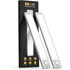Under Cabinet Lighting, 14.7" Rechargeable Motion Sensor Light Indoor, 2 Pack Magnetic Dimmable Closet Lights, Wireless Under Counter Lights for Kitchen, Stairs,Hallway