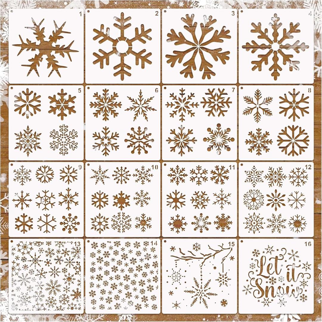 16 Pieces Christmas Snowflake Stencil Reusable Large Winter Stencils Plastic Holiday Crafts Stencils for Window Glass Wall Doormat Wood Decoration (16 Snowflakes)