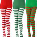 3 Pairs Christmas Striped Tights Full Length Tights Thigh High Stocking for Christmas Halloween Costume Accessory(3 Colors C, Adult Size)