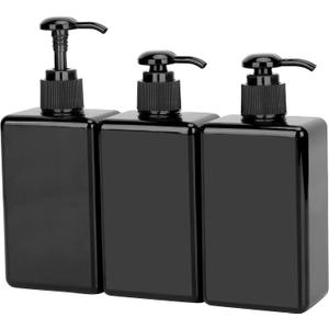 Suream Empty Shampoo Bottles with Pump, 3Pack 9.5oz/280ml Refillable Body Wash Dispensers for Shower, Black Plastic Countertop Soap Bottle for Bathroom, Kitchen Sink, Hotle, Salon