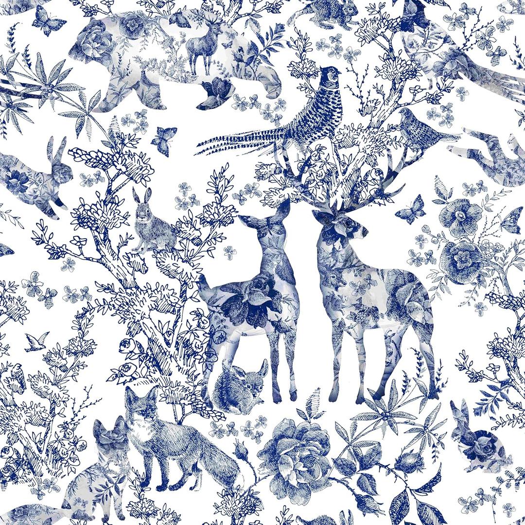 Blue Peel and Stick Wallpaper Removable Floral Wallpaper Wild Animal and Bird Contact Paper Self-Adhesive Wall Paper Furniture Wall Shelf Drawer Liner Countertop 118.1"X17.71"