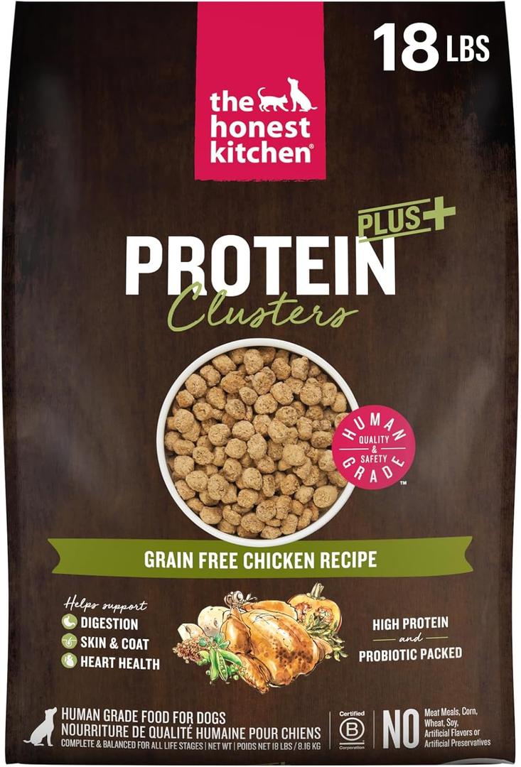 The Honest Kitchen Human Grade Dog Food, Protein Plus+ Clusters Grain Free Chicken Dry Dog Food, 18 lb Bag, Best By: 06/26/27