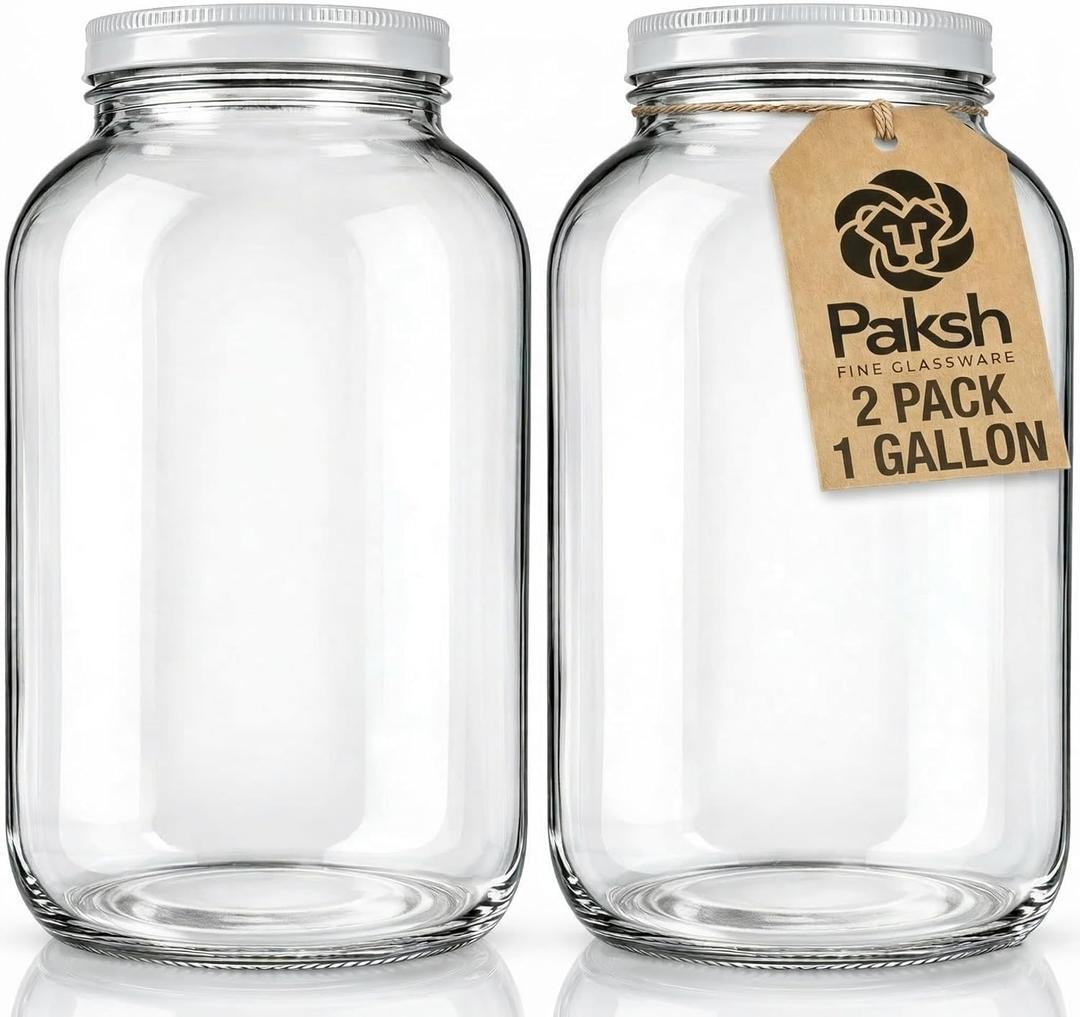 1 Gallon Glass Jar With Lid  2 Pack Large Glass Jar With Airtight Metal Lids - USDA Approved BPA-Free Dishwasher Safe, Wide Mouth Sun Tea Jar, Gallon Mason Jar for Storage, Fermenting, And Brewing